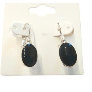 Oval Cut Black Onyx Dangle Drop Earrings Sterling Silver Plated Lever Back